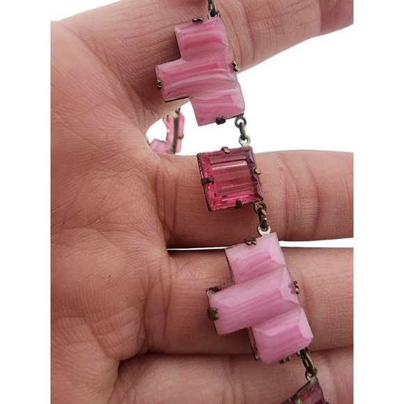 Antique Super Rare Opaque Striated & Clear Art Deco Vauxhall Necklace (A3270) - Picture 3 of 8